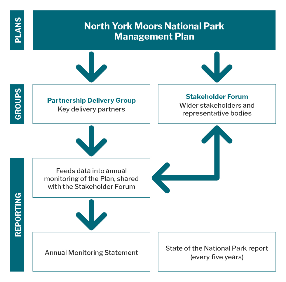 Infographic showing a series of arrows indicating the steps that will be taken to achieve the Management Plan's objectives.