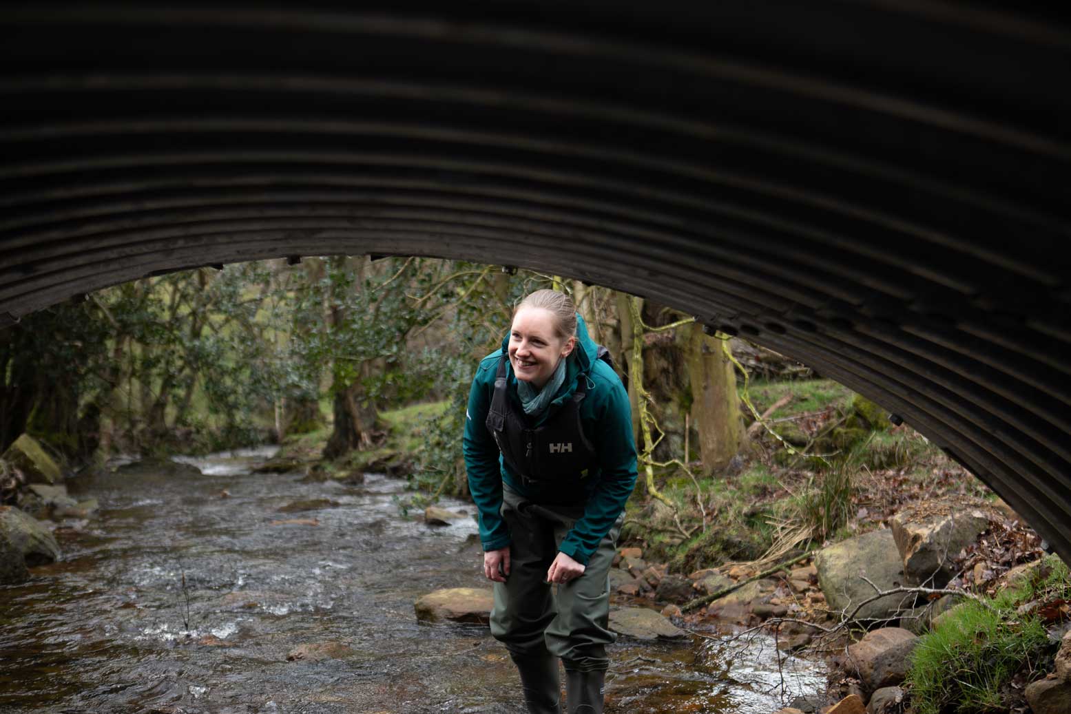 Woman in a river observing a newly created bridge to help improve water flow for migratory fish. Credit Charlie Fox. Woman in a river observing a newly created bridge to help improve water flow for migratory fish. Credit Charlie Fox.