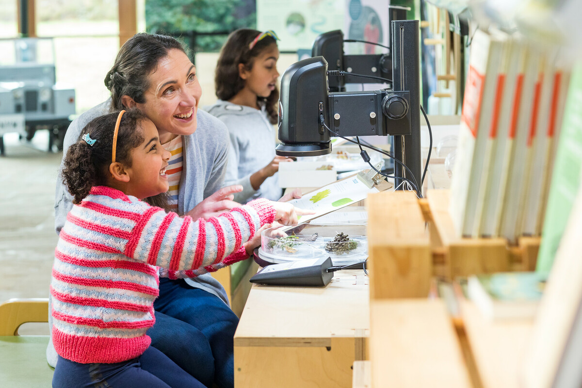 Mum and daughter using a microscope in an exhibition setting. Credit Dependable Productions. Mum and daughter using a microscope in an exhibition setting. Credit Dependable Productions.