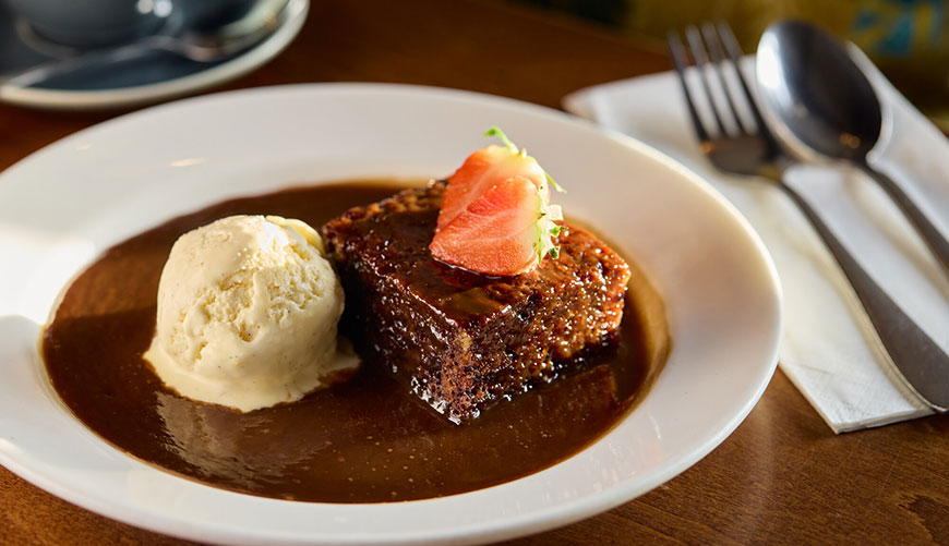 Bowl of sticky toffee pudding