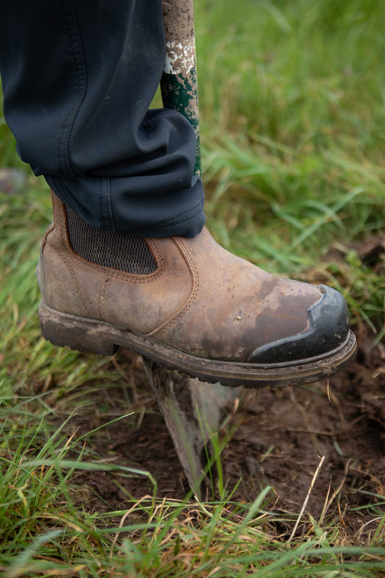 Close up of a foot pushing a spade into the ground. Credit Charlie Fox. Close up of a foot pushing a spade into the ground. Credit Charlie Fox.