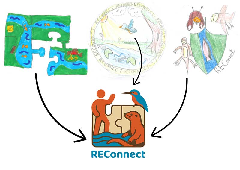 the REConnect logo with three logos drawn by children above it