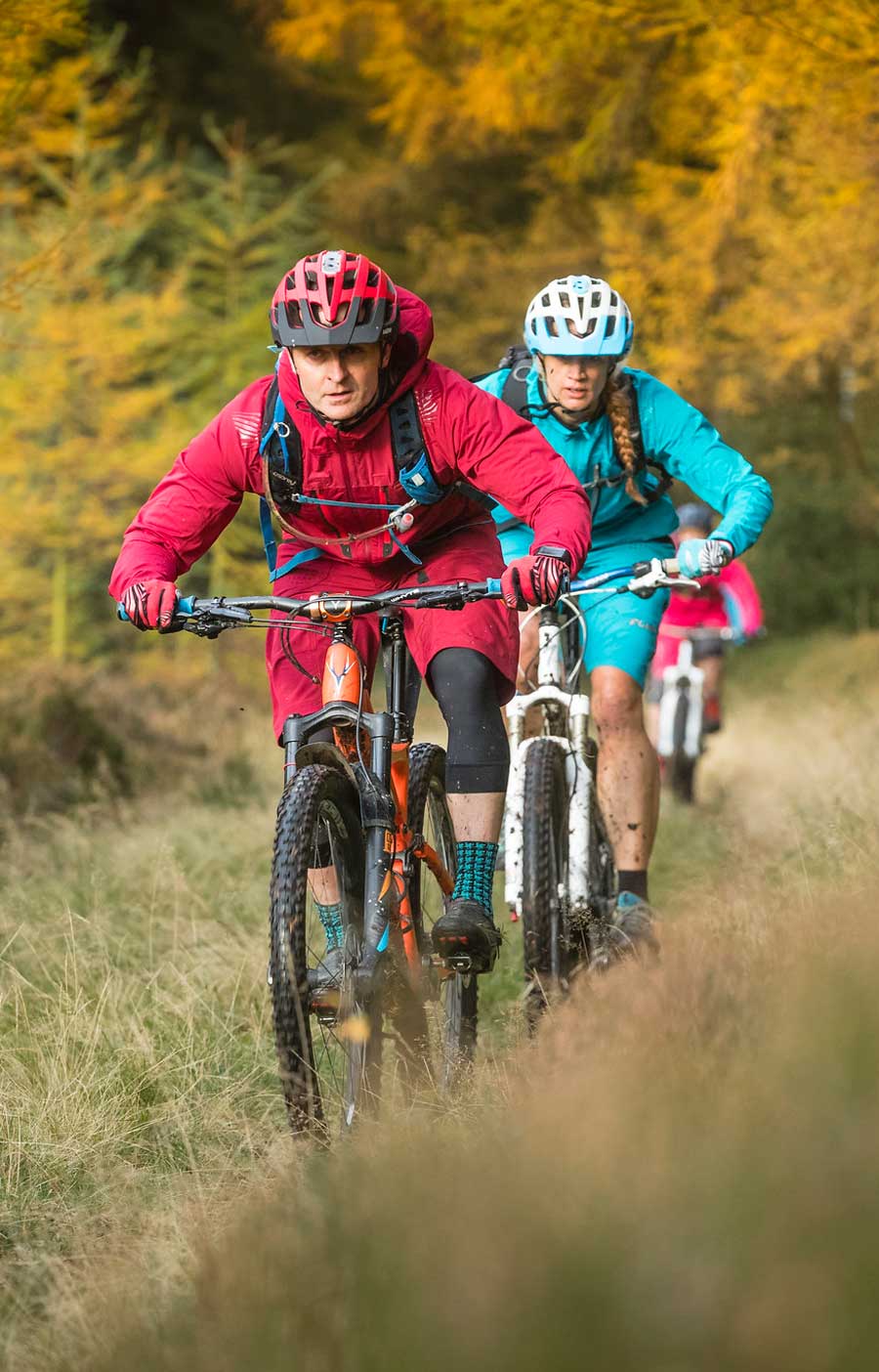 Group of people cycling down a forest track in a line. Credit Russell Burton. Group of people cycling down a forest track in a line. Credit Russell Burton.