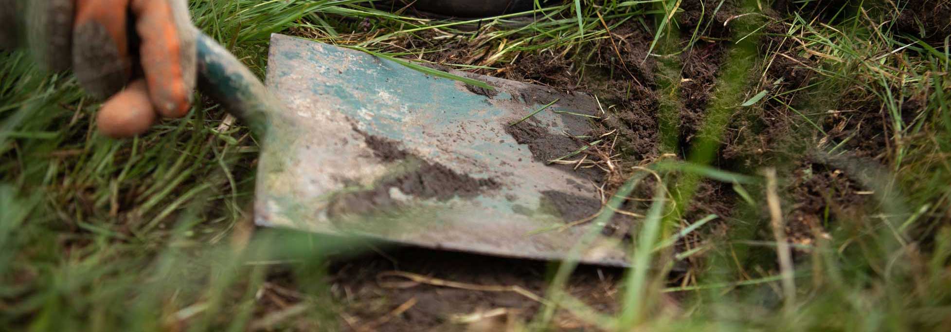 Close up of a shovel digging into soil. Credit Charlie Fox. Close up of a shovel digging into soil. Credit Charlie Fox.