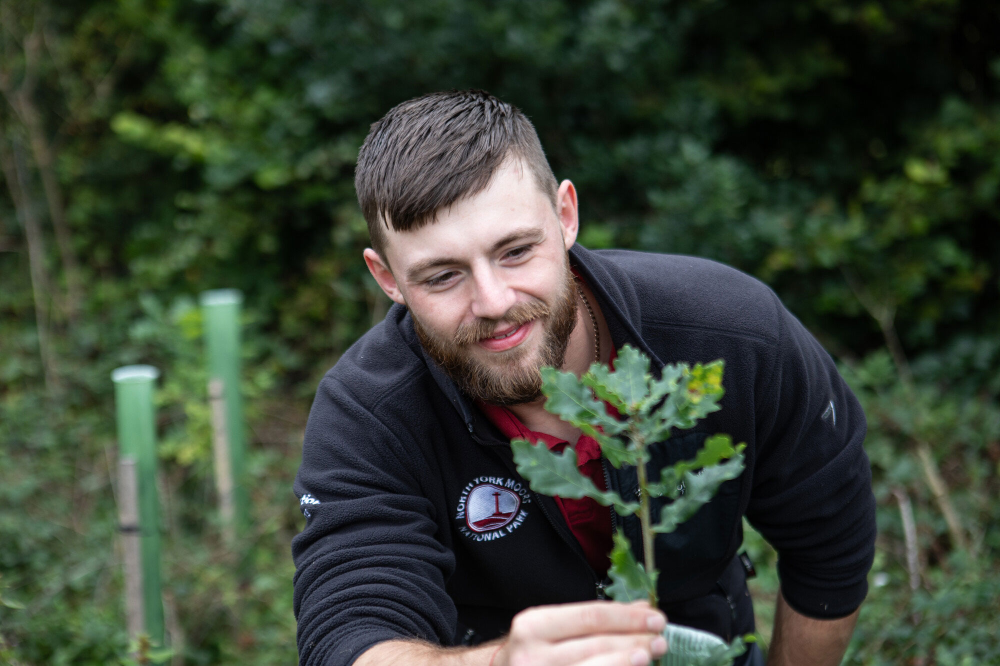 Woodland operation trainee Jared inspecting an oak sapling. Credit Charlie Fox / NYMNPA.