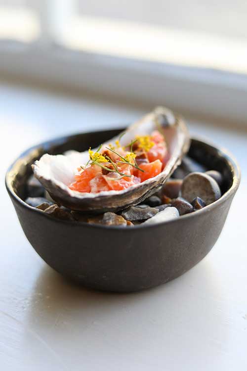 Small dish containing trout tartare from Pignut and The Hare