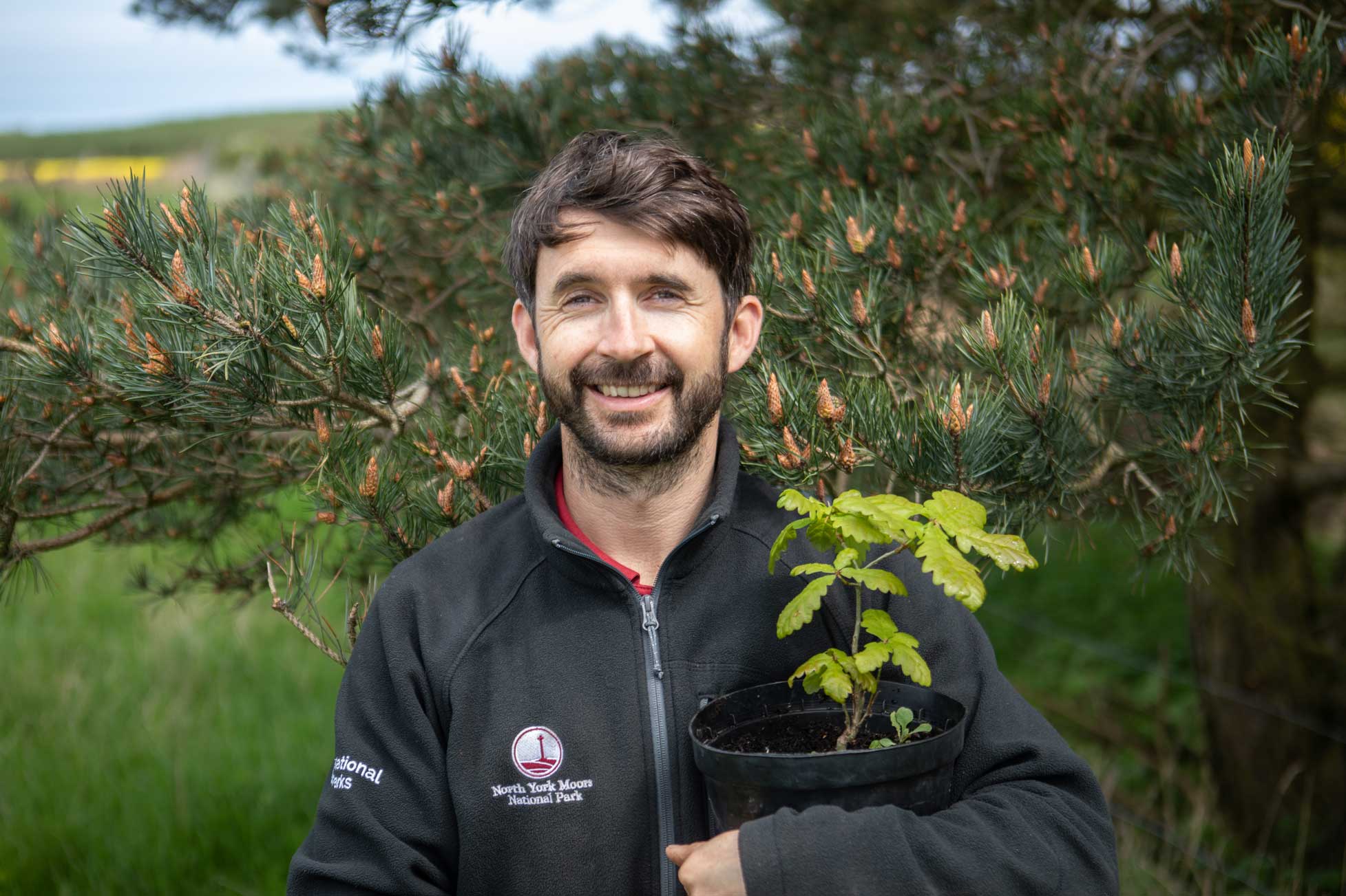 Man holding an small oak sapling. Credit Charlie Fox. Man holding an small oak sapling. Credit Charlie Fox.