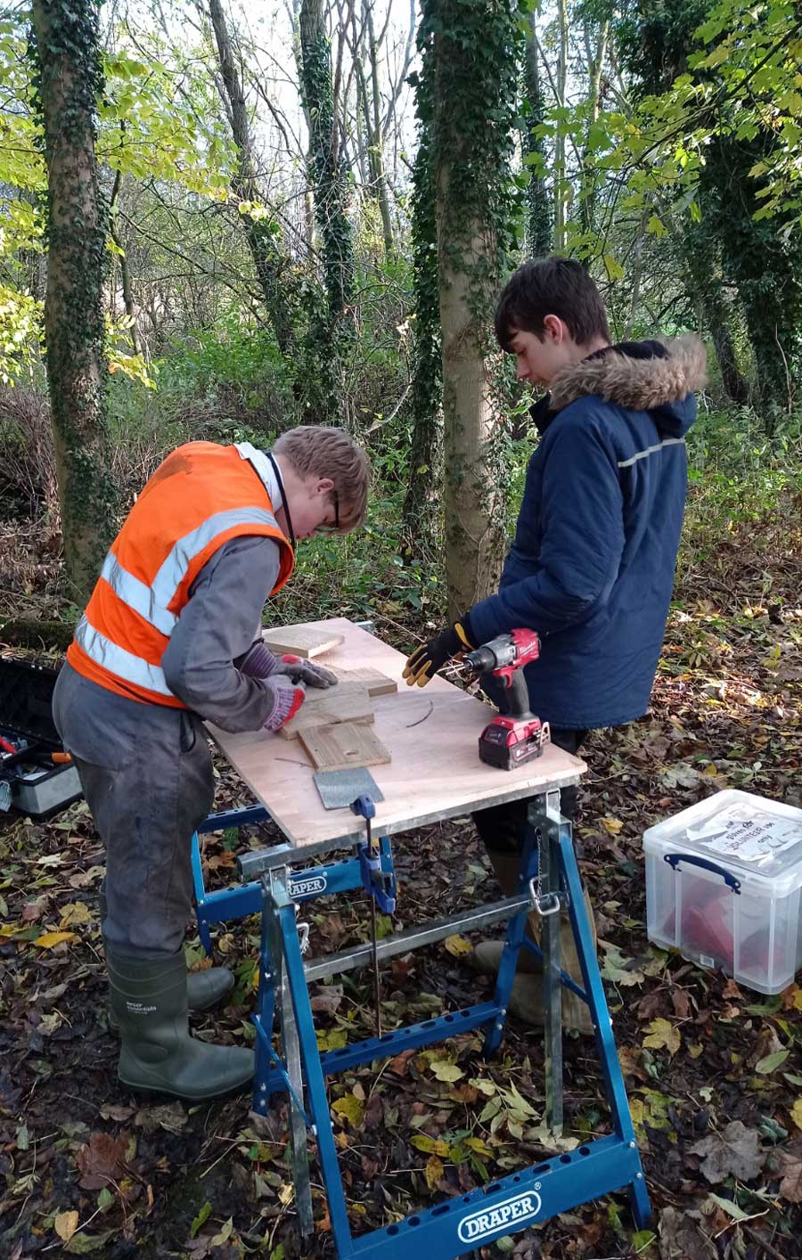 Two school children building bird boxes in a woodland. Two school children building bird boxes in a woodland.