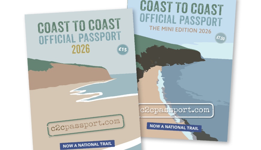 Two illustrated booklets titled "Coast to Coast Official Passport" with coastal landscapes on the covers.  Transcribed Text:  COAST TO COAST OFFICIAL PASSPORT 2026 £15 COAST TO COAST OFFICIAL PASSPORT THE MINI EDITION 2026 £7.50 c2cpassport.com NOW A NATIONAL TRAIL