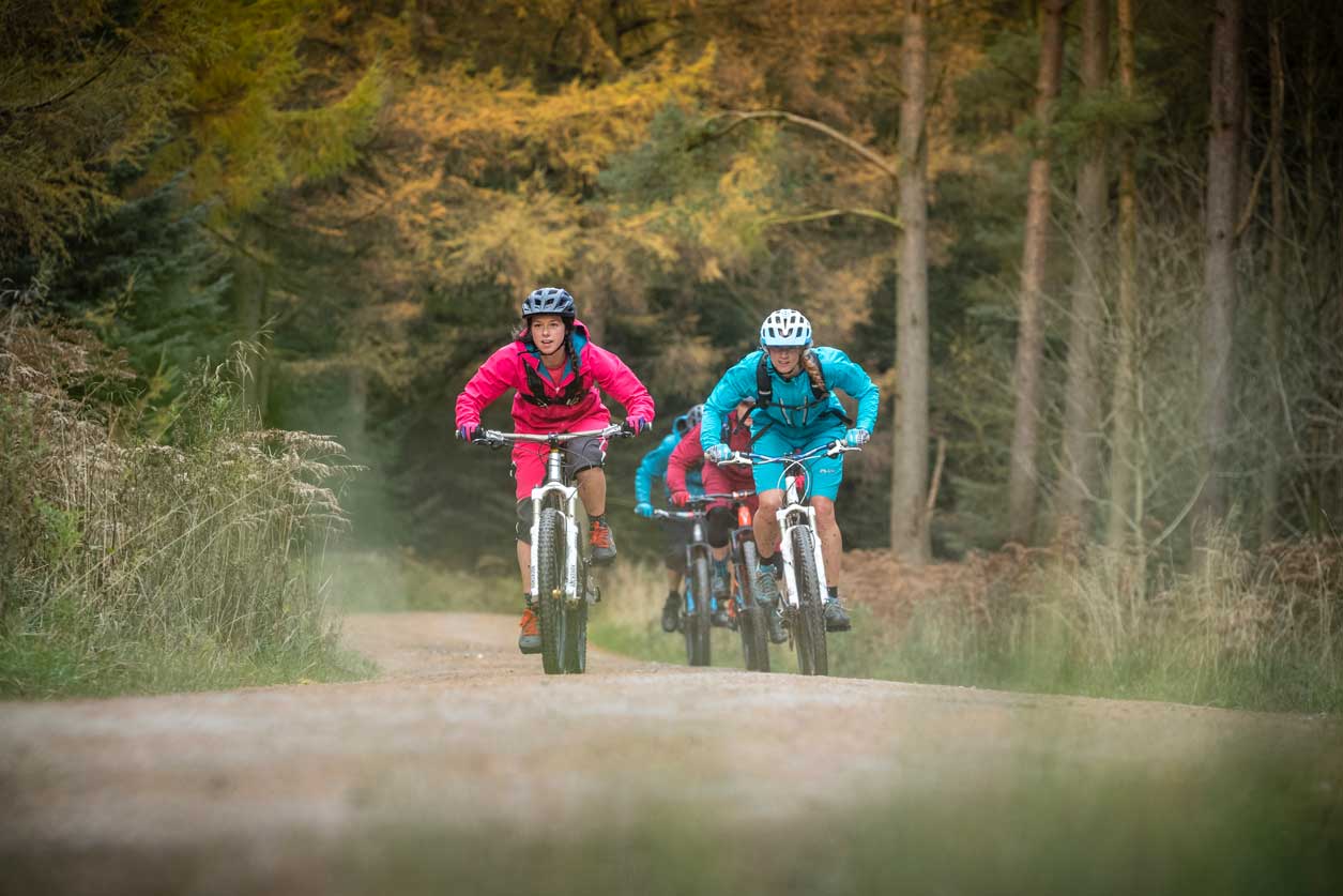 Mountain bikers heading down woodland track. Credit Russell Burton/NYMNPA. Mountain bikers heading down woodland track. Credit Russell Burton/NYMNPA.