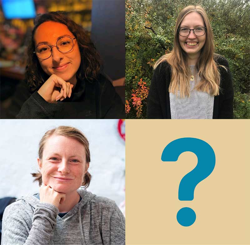 Portraits of new hires, Chloe, Emma, and Sally, and a question mark to represent the upcoming hire.