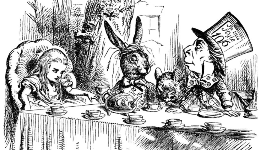 A vintage illustration of a tea-party scene from Lewis Carroll's Alice's Adventures in Wonderland. The illustration shows Alice, a young girl, with the white rabbit, a person in a tall hat, known as the Hatter, and a Dormouse. 
