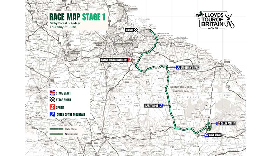 Race map detailing stage One from Dalby Forest to Redcar through the North York Moors National Park
