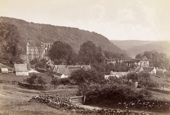 Old black and white photo of Rievaulx Abbey