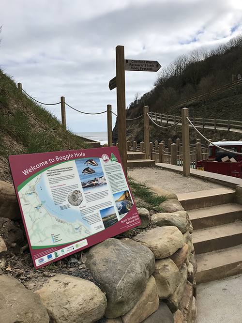 Panel, Steps and Fingerpost at Boggle Hole