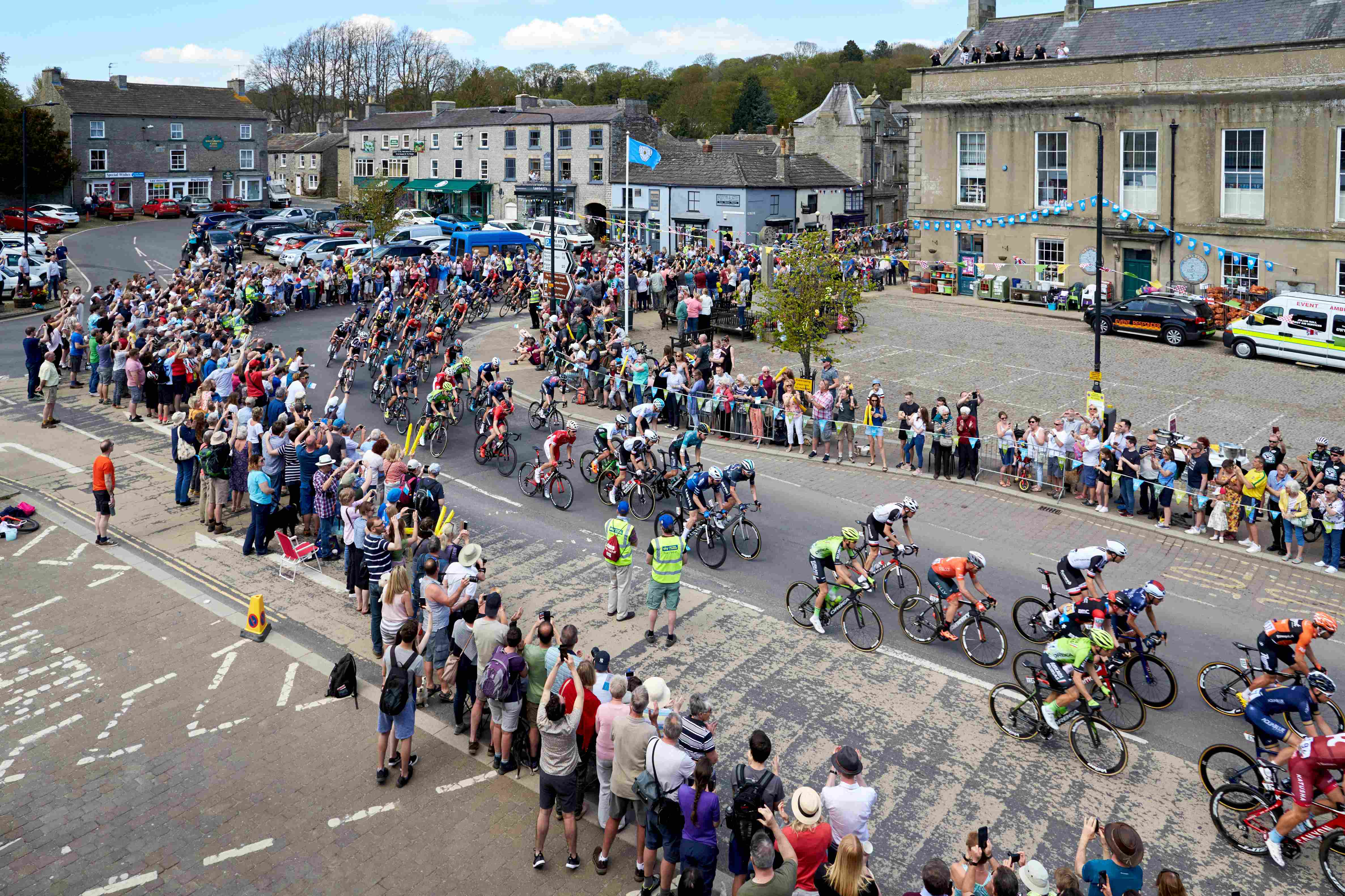 Image of centre of a town during bike race