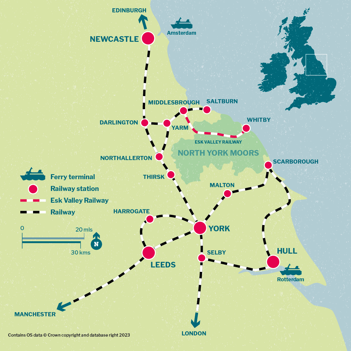 Map showing rail and ferry access routes to the North York Moors area
  The North York Moors are accessible via car ferry at Hull from Rotterdam and Newcastle from Amsterdam from where rail services are available. The area can also be accessed using rail services from Edinburgh in the north via Newcastle and accessed from London in the south. Rail access from the near south, west and south east is available via Manchester, Leeds, York, Harrogate, Malton, Hull and Scarborough. North and eastern rail access is available via stations at Thirsk, Northallerton, Darlington, Yarm, Middlesbrough, Saltburn and Whitby.
  Map © Crown copyright and database rights 2023 Ordnance Survey AC0000813300