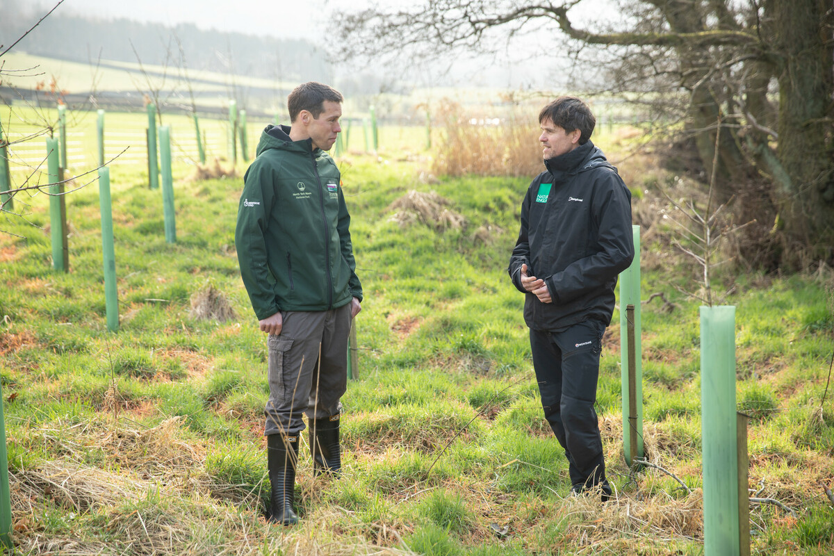 Two people walking among a river buffer strip that has been planted with trees. Credit Charlie Fox.