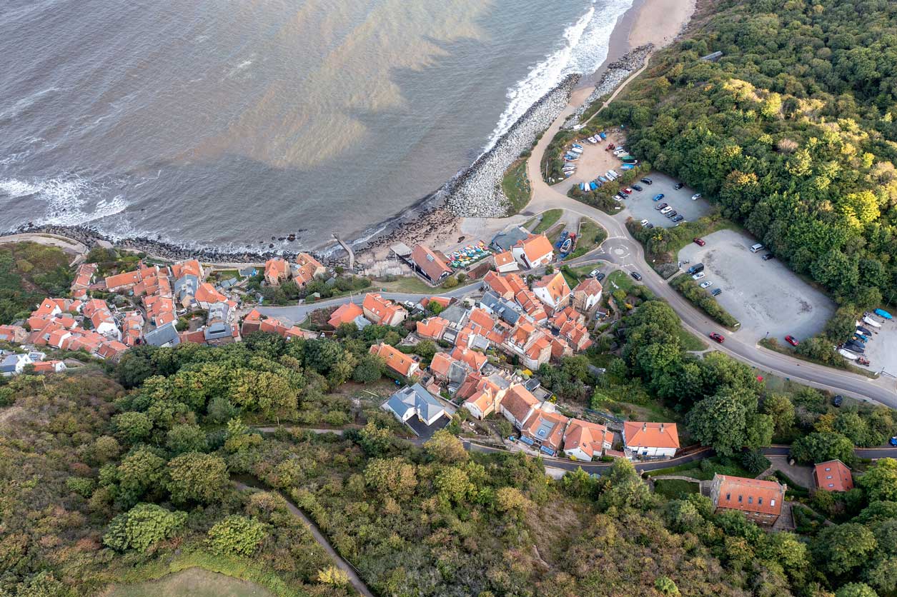 Drone photo of a coastal village (Runswick Bay). Credit Paul Kent.