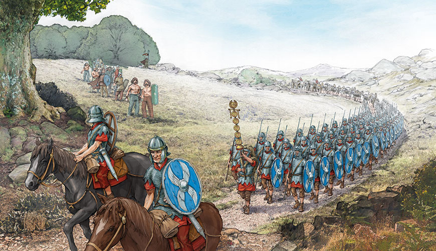 An artist impression of Roman soldiers marching through the countryside. Members of the Brigantes tribe watch on from a nearby hillside.