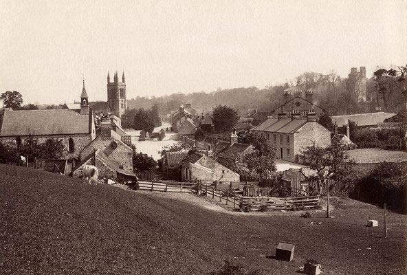 Old black and white image of a village in the River Rye catchment