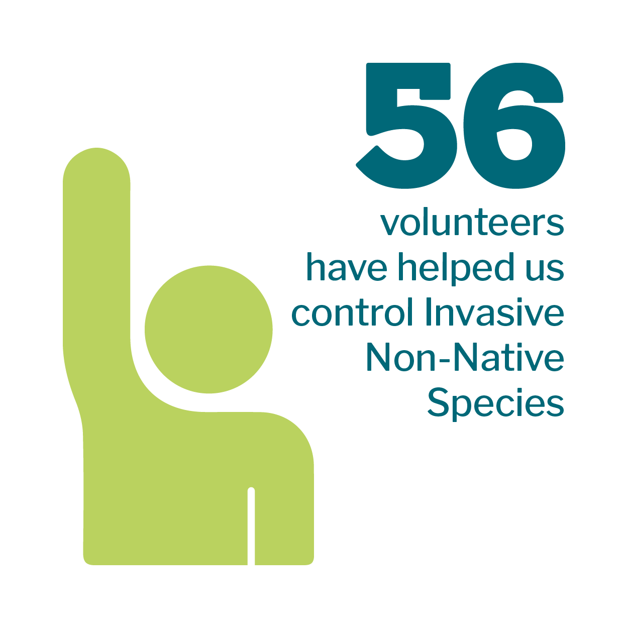 Person icon that reads: 56 volunteers have helped us control Invasive Non-Native Species