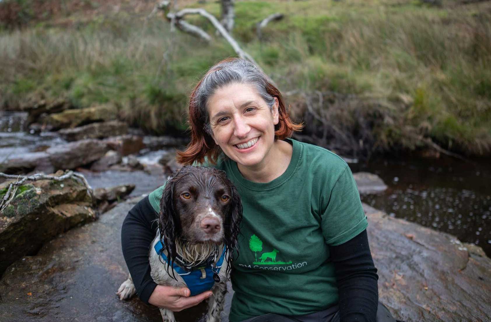 Rachel Cripps (conservation detection dog handler) and Reid (English Springer Spaniel and water vole detection dog). Credit Charlie Fox. Rachel Cripps (conservation detection dog handler) and Reid (English Springer Spaniel and water vole detection dog). Credit Charlie Fox.