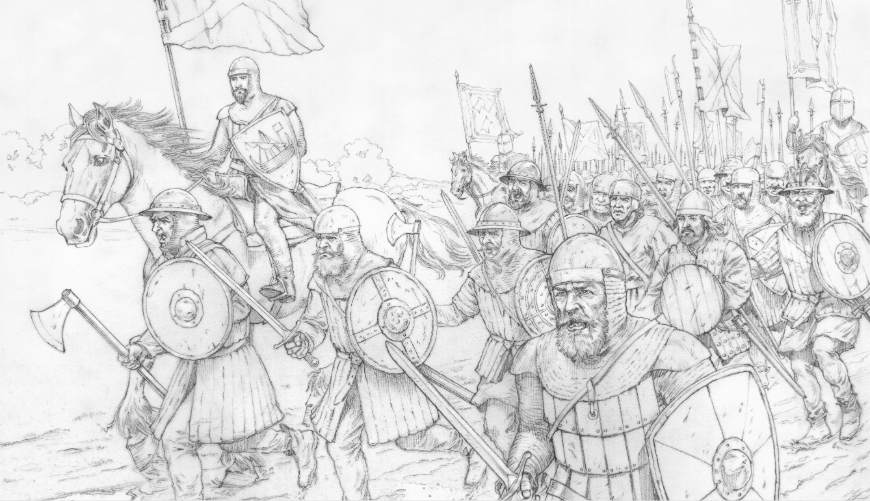 A pencil drawing of a medieval battle. A group of people in armour, some on horseback and waving flags and banners, charge ahead as though about to engage in battle.