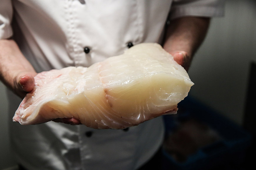 Chef holding a piece of raw fish by Ceri Oakes