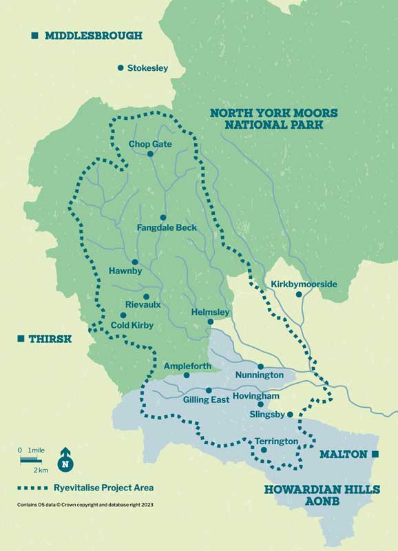 Map of Ryevitalise Project Area within North York Moors National Park, marked with dotted lines and including numerous towns like Helmsley and Malton.  Transcribed Text:  MIDDLESBROUGH Stokesley NORTH YORK MOORS NATIONAL PARK Chop Gate Fangdale Beck Hawnby Rievaulx Cold Kirby Thirsk Kirkbymoorside Helmsley Ampleforth Nunnington Gilling East Hovingham Slingsby Terrington MALTON HOWARDIAN HILLS AONB Ryrevitalise Project Area Contains OS data &copy; Crown copyright and database right 2023