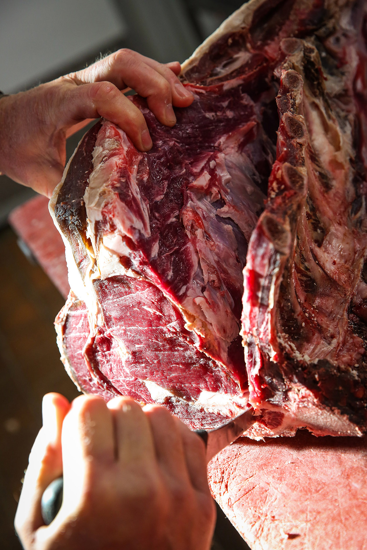 Rib of beef being cut by Ceri Oakes