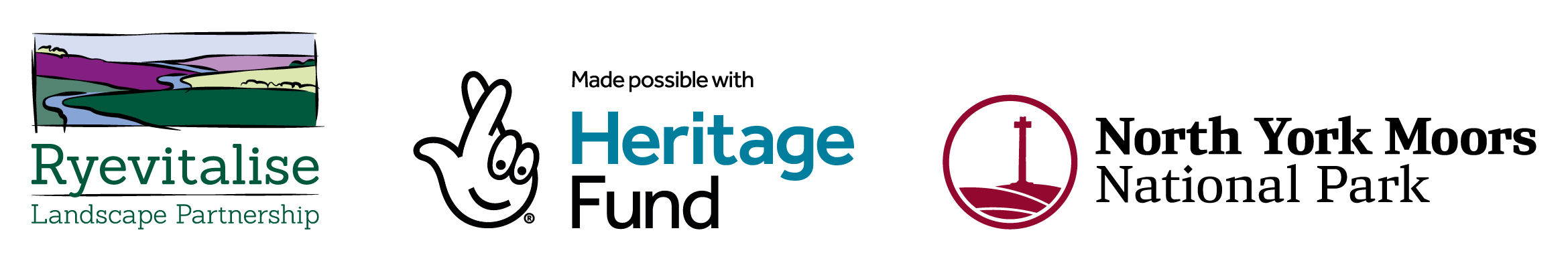 Three graphic logos representing the Ryevitalise project, the National Lottery Heritage Fund and the North York Moors National Park Three graphic logos representing the Ryevitalise project, the National Lottery Heritage Fund and the North York Moors National Park