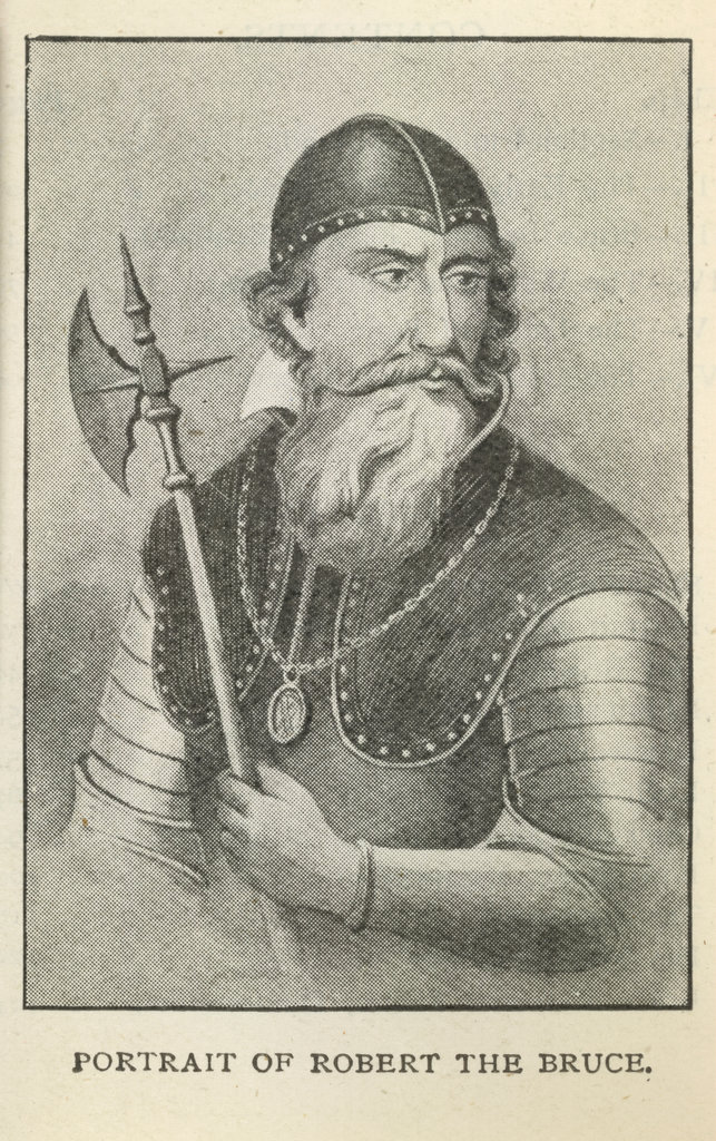 A portrait of Robert the Bruce from a vintage book. He is holding an axe and wearing a helmet and armour. He has a beard.