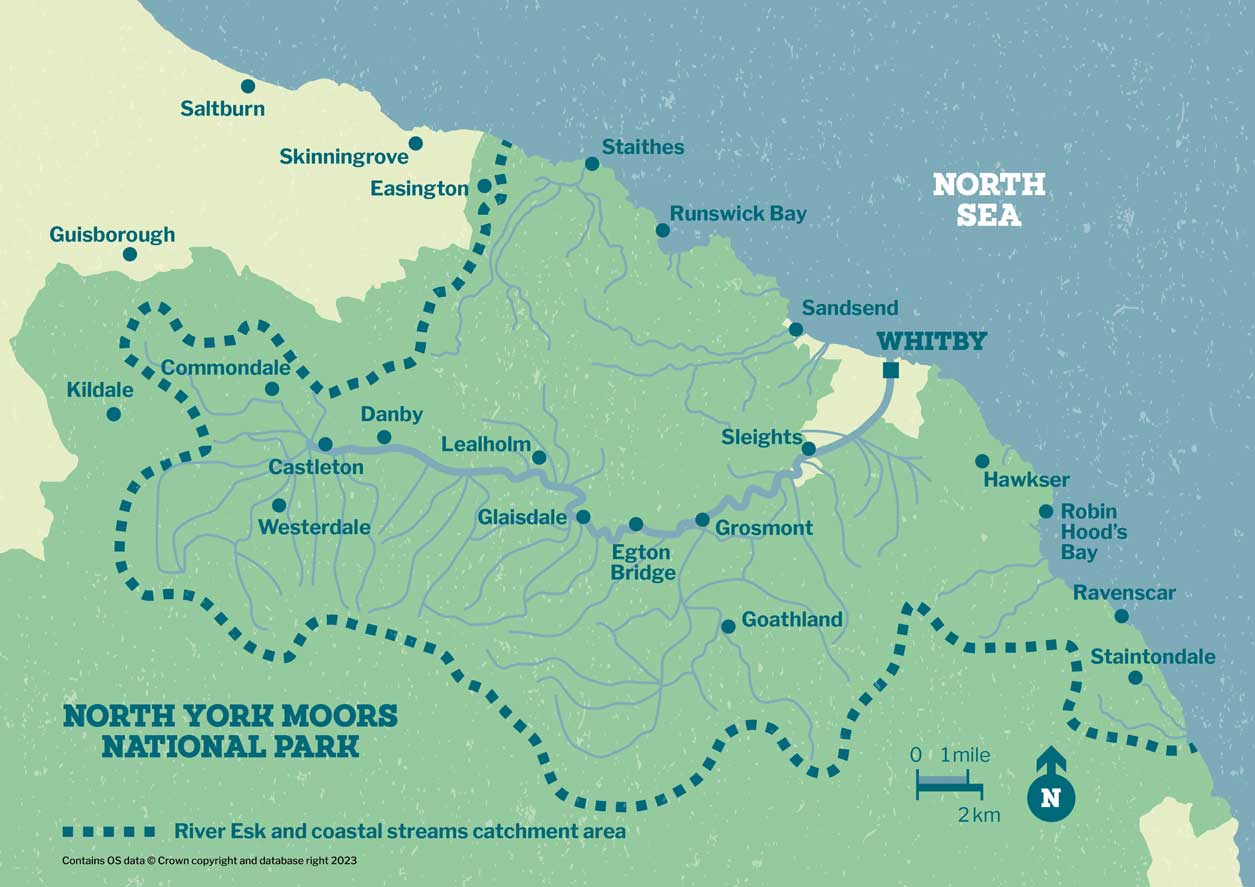 Graphical map of the Esk Valley. Highlights a ranger of landscape including moorland and coast.