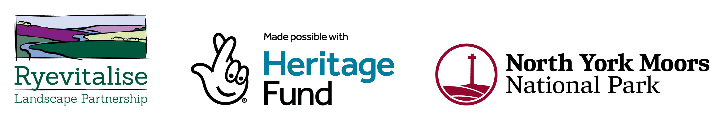 Three graphic logos representing the Ryevitalise project, the National Lottery Heritage Fund and the North York Moors National Park