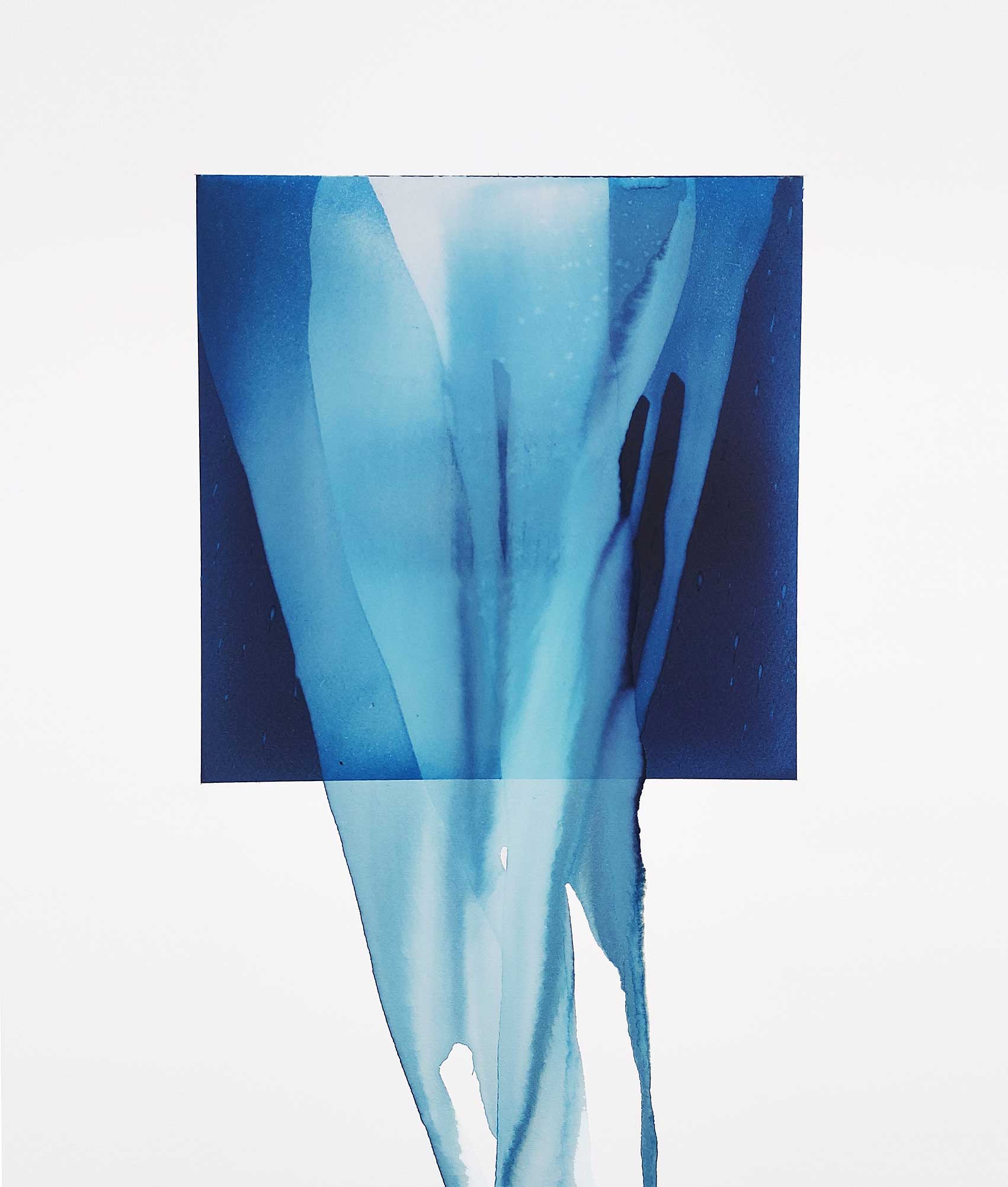 Overflow II by Paula Hickey. Art piece showing blue ink dripping from a central square surrounded by white space.