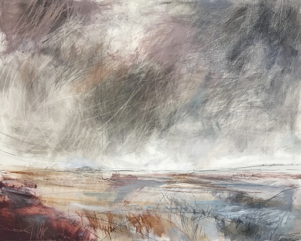 Higher Ground Bilsdale' Janine Baldwin oil acrylic charcoal graphite and watercolour pencil on panel 56 x 70cm