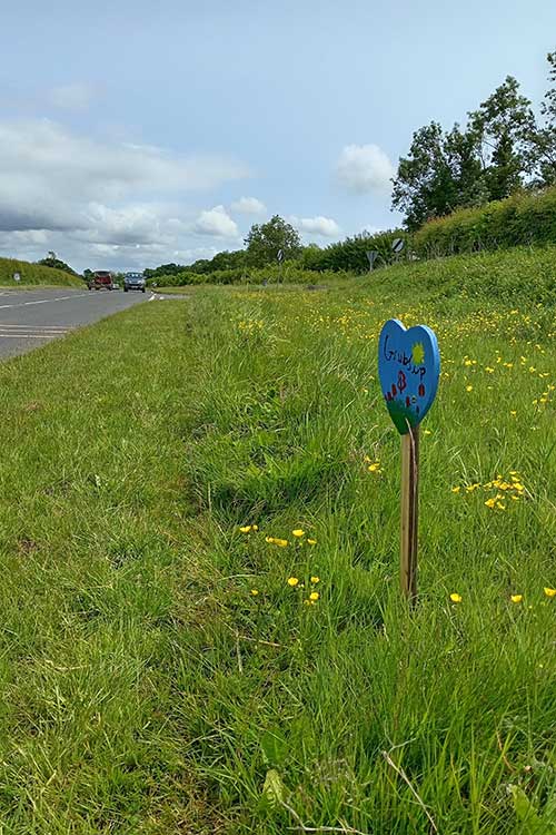 Wide grass verge with GrubsUp blue heart
